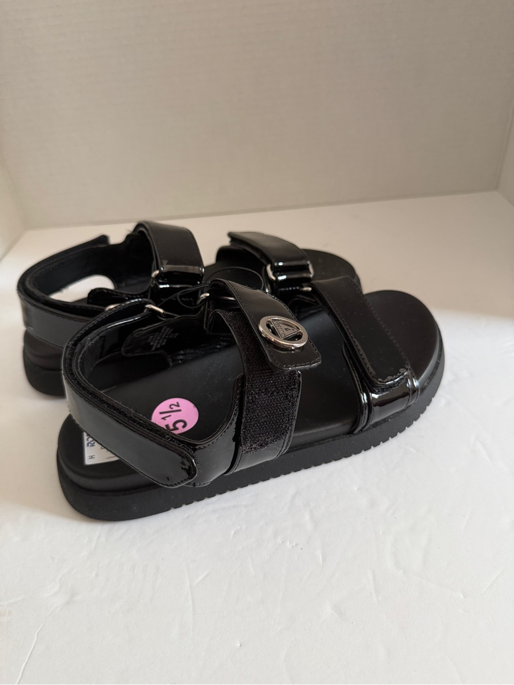 GUESS Black Patent Women Slide Sandals with Silver Logo Accent
